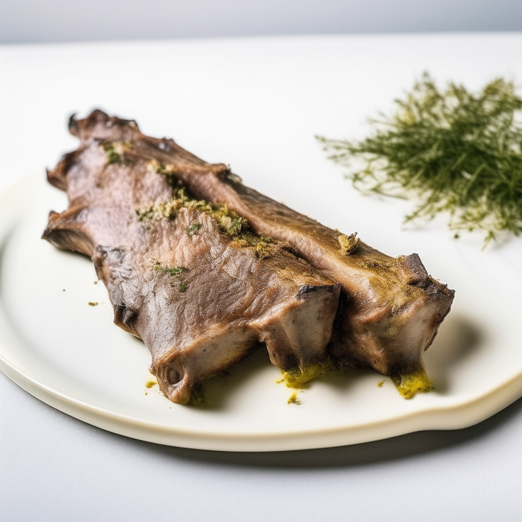 Lemon-thyme infused pork ribs on a white plate, bright studio lighting, razor sharp focus