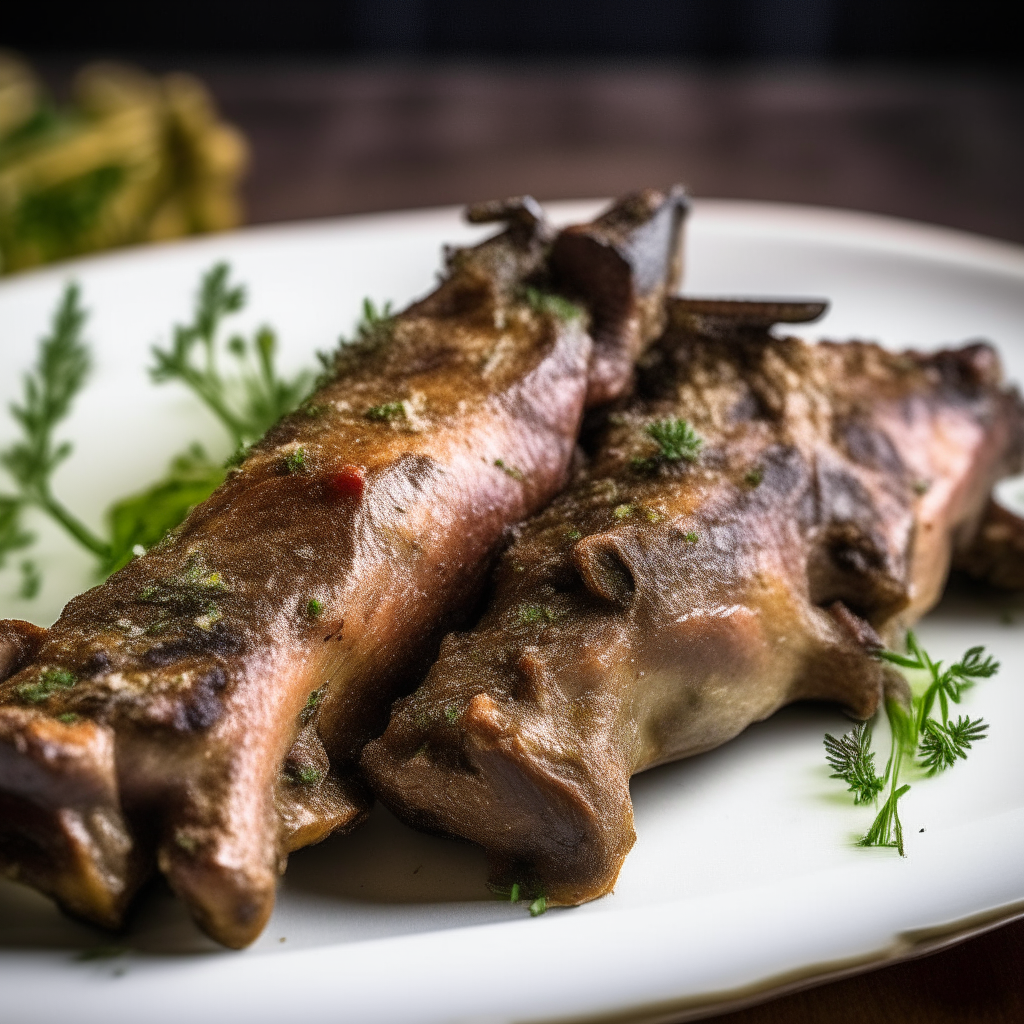 Lemon-thyme infused pork ribs on a white plate, natural window lighting, razor sharp focus