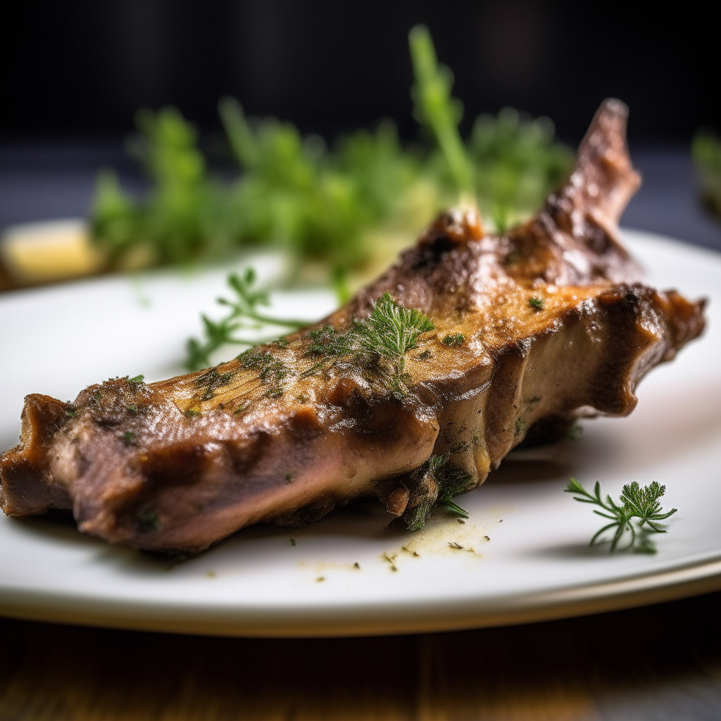 Lemon-thyme infused pork ribs on a white plate, softbox lighting from the left, razor sharp focus