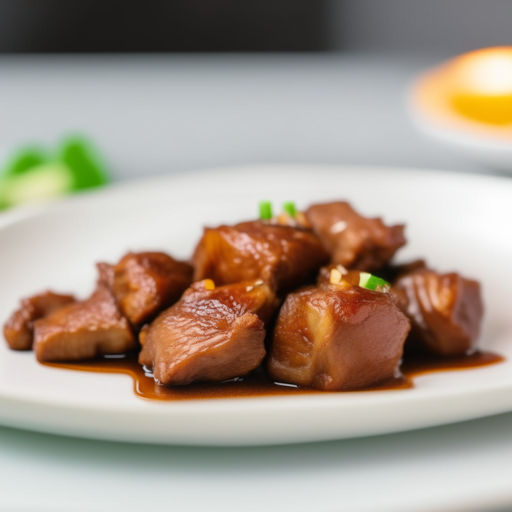 Garlic-soy marinated pork tips on a white plate, bright studio lighting, razor sharp focus