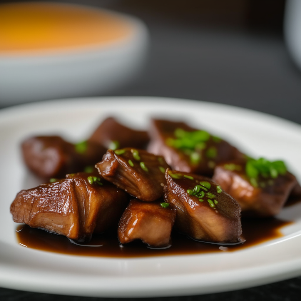 Garlic-soy marinated pork tips on a white plate, natural window lighting, razor sharp focus