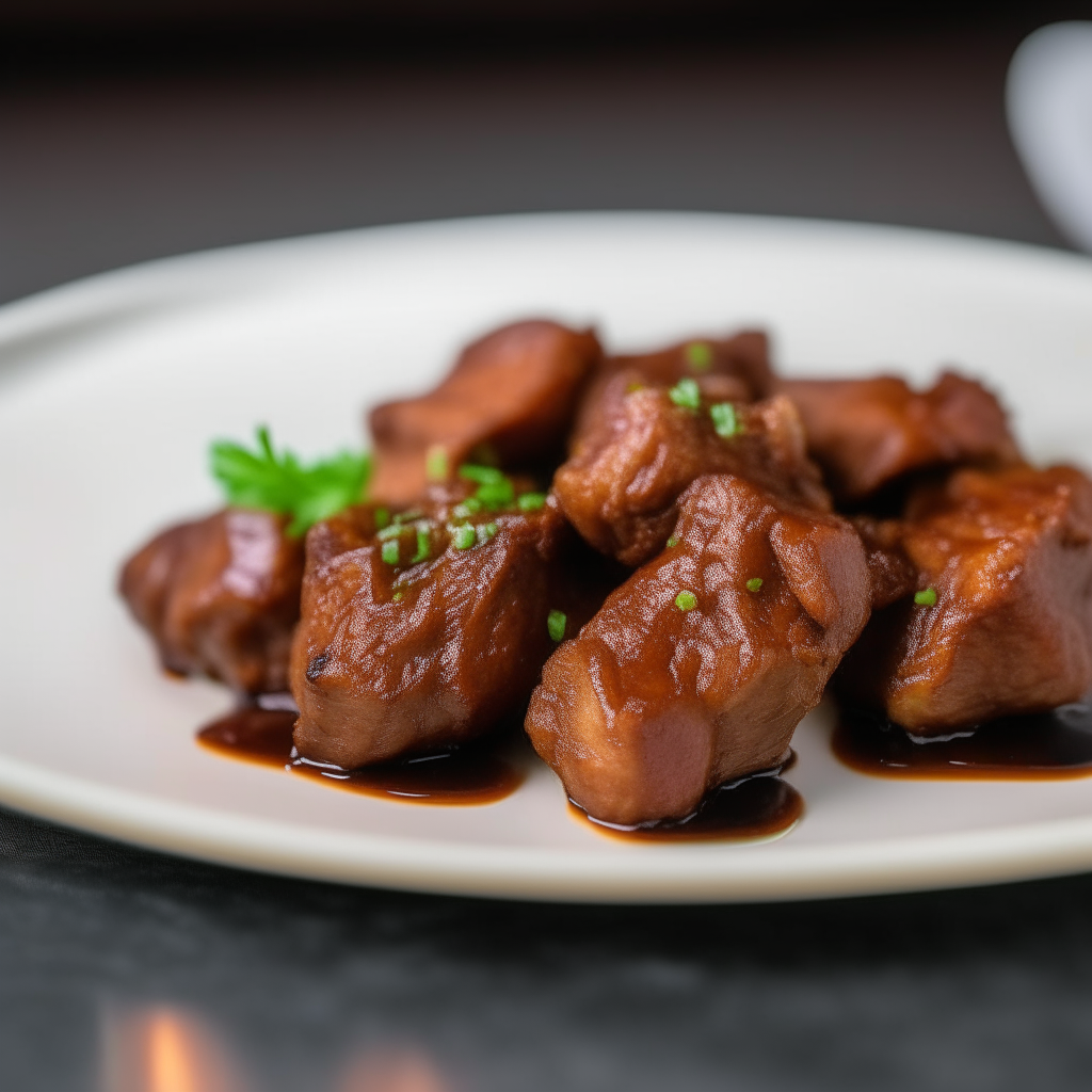 Garlic-soy marinated pork tips on a white plate, softbox lighting from the left, razor sharp focus