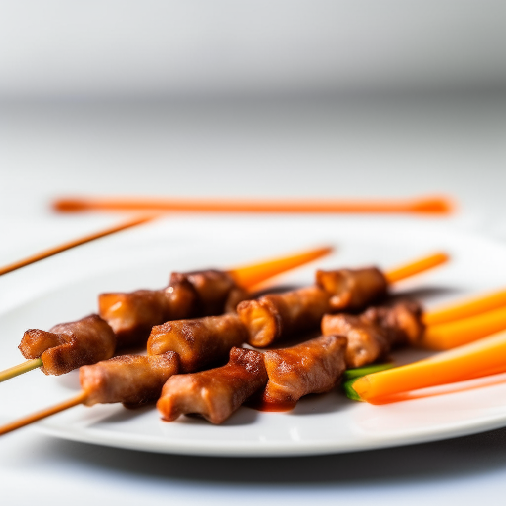 Tangy orange pork skewers on a white plate, bright studio lighting, razor sharp focus