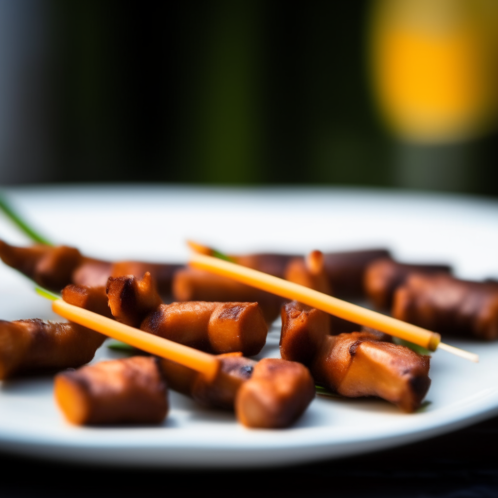 Tangy orange pork skewers on a white plate, natural window lighting, razor sharp focus