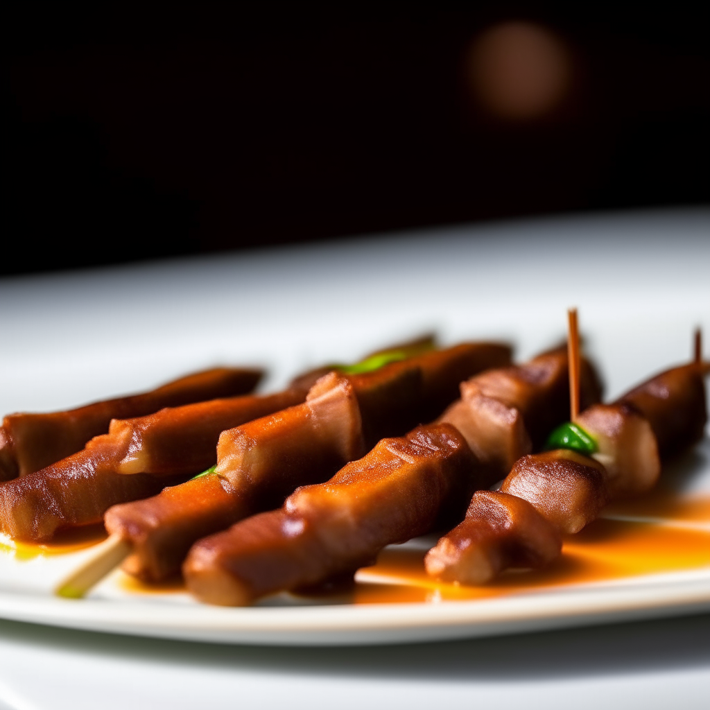 Tangy orange pork skewers on a white plate, softbox lighting from the left, razor sharp focus