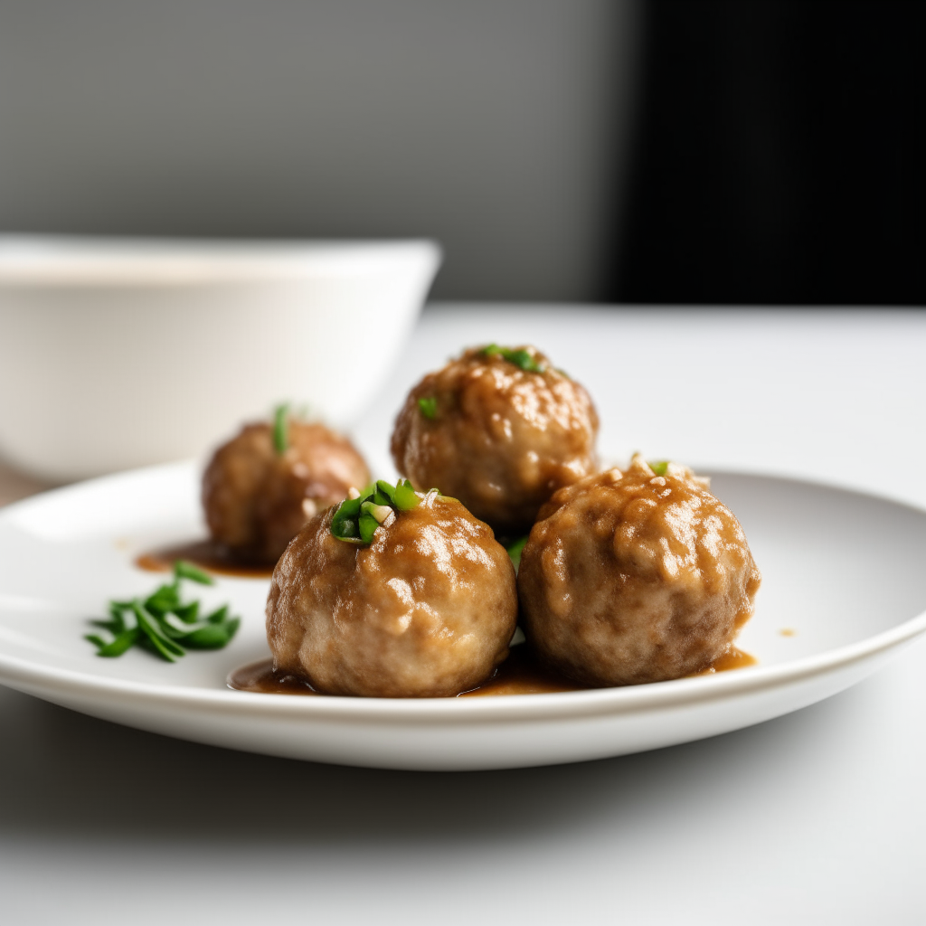 Sesame ginger pork balls on a white plate, bright studio lighting, razor sharp focus