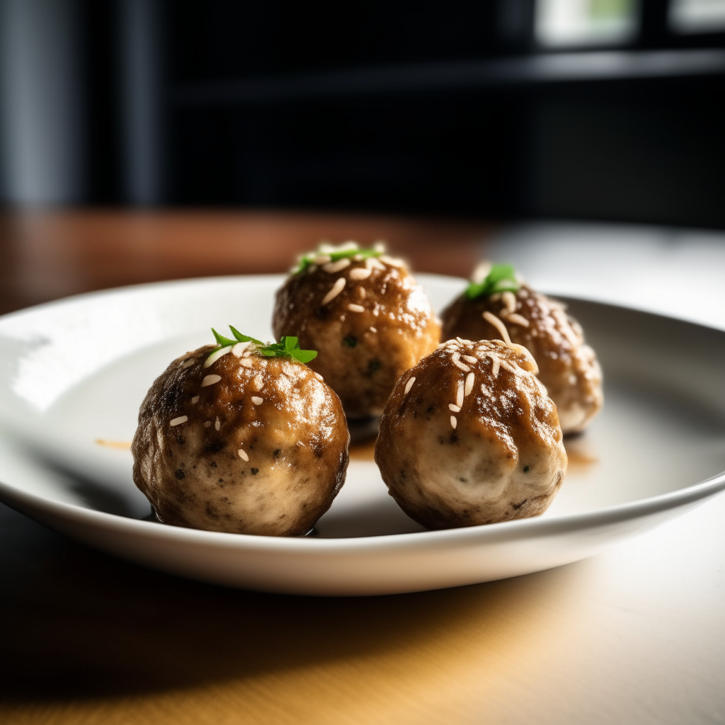 Sesame ginger pork balls on a white plate, natural window lighting, razor sharp focus