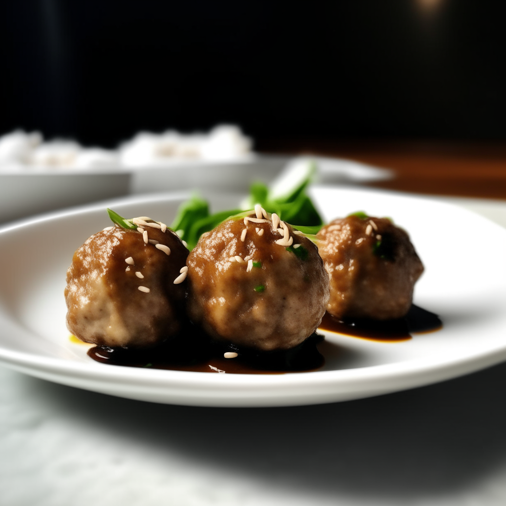 Sesame ginger pork balls on a white plate, softbox lighting from the left, razor sharp focus