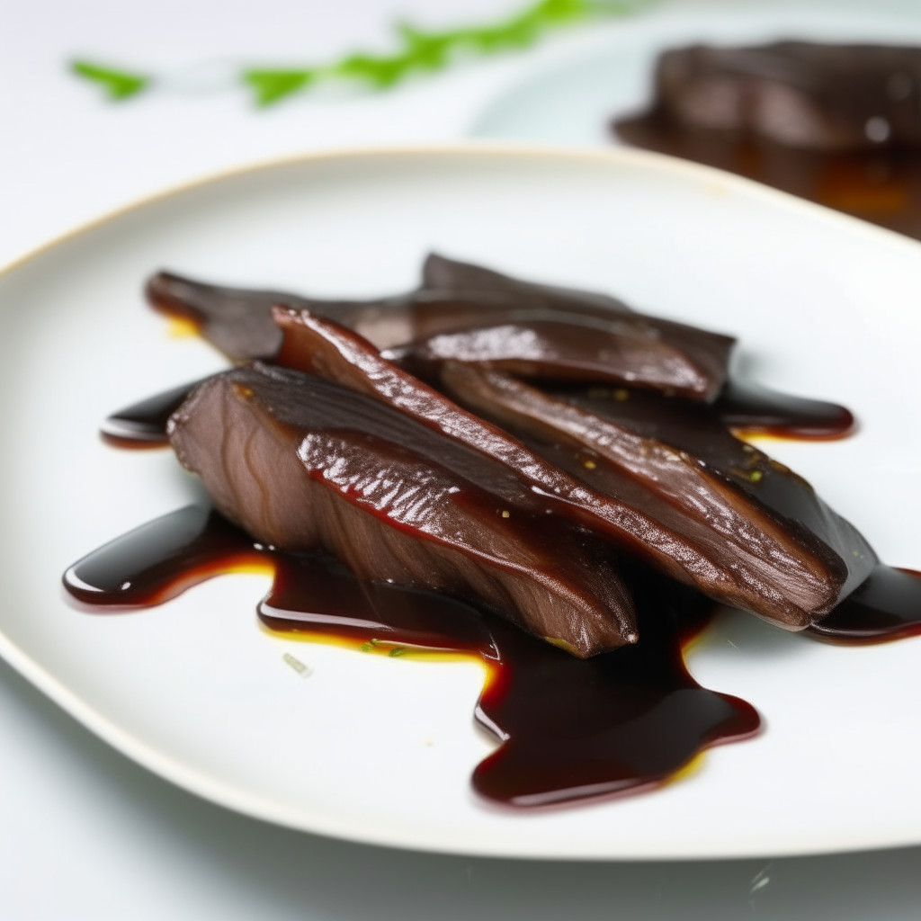 Balsamic glazed beef ribbons on a white plate, bright studio lighting, razor sharp focus