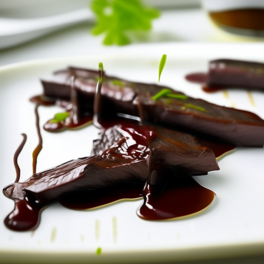 Balsamic glazed beef ribbons on a white plate, natural window lighting, razor sharp focus