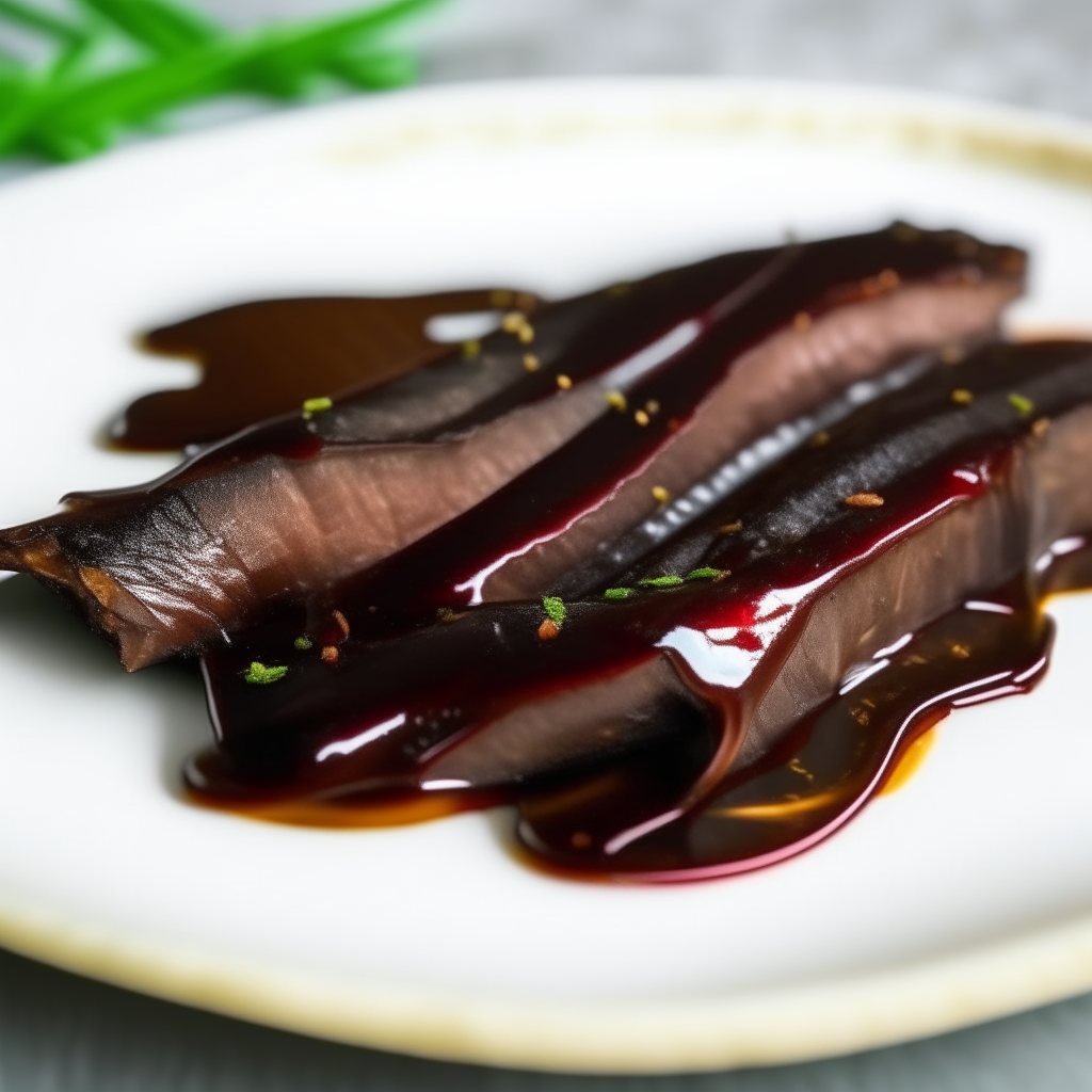 Balsamic glazed beef ribbons on a white plate, softbox lighting from the left, razor sharp focus