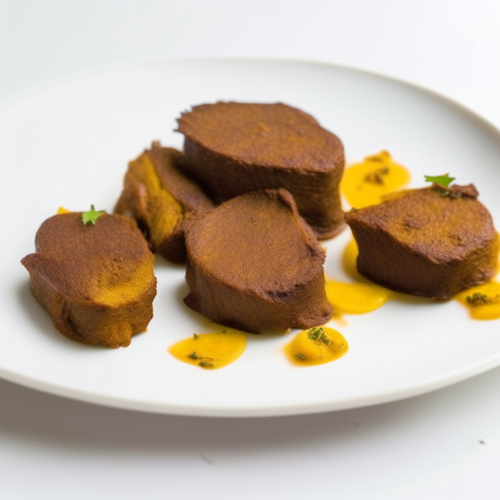 Spiced turmeric beef medallions on a white plate, bright studio lighting, razor sharp focus