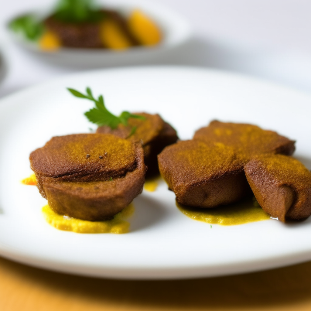 Spiced turmeric beef medallions on a white plate, natural window lighting, razor sharp focus