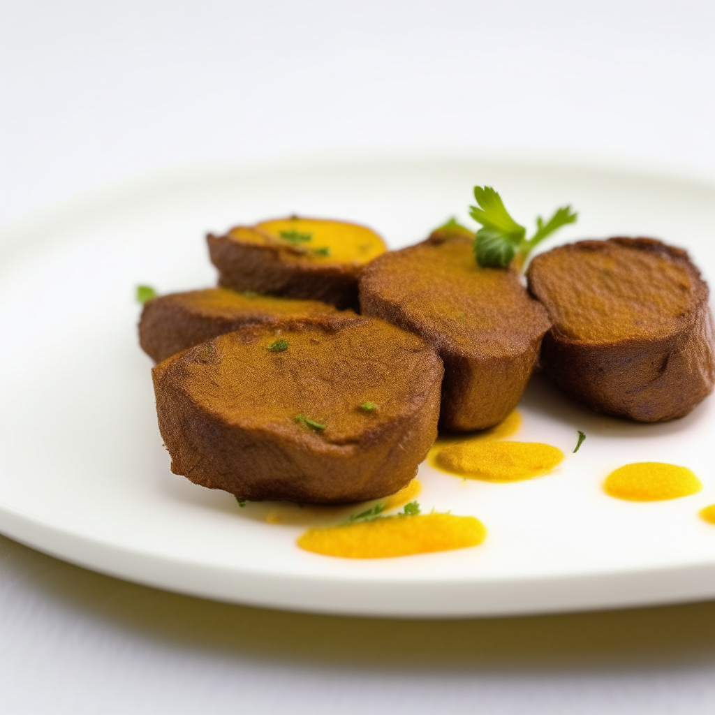 Spiced turmeric beef medallions on a white plate, softbox lighting from the left, razor sharp focus