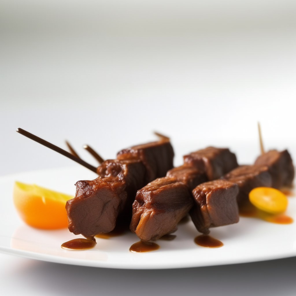 Tangy orange-zest beef skewers on a white plate, bright studio lighting, razor sharp focus