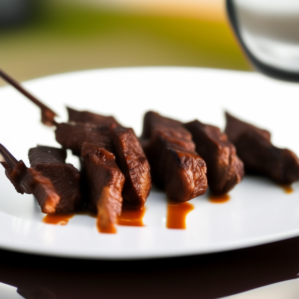 Tangy orange-zest beef skewers on a white plate, natural window lighting, razor sharp focus