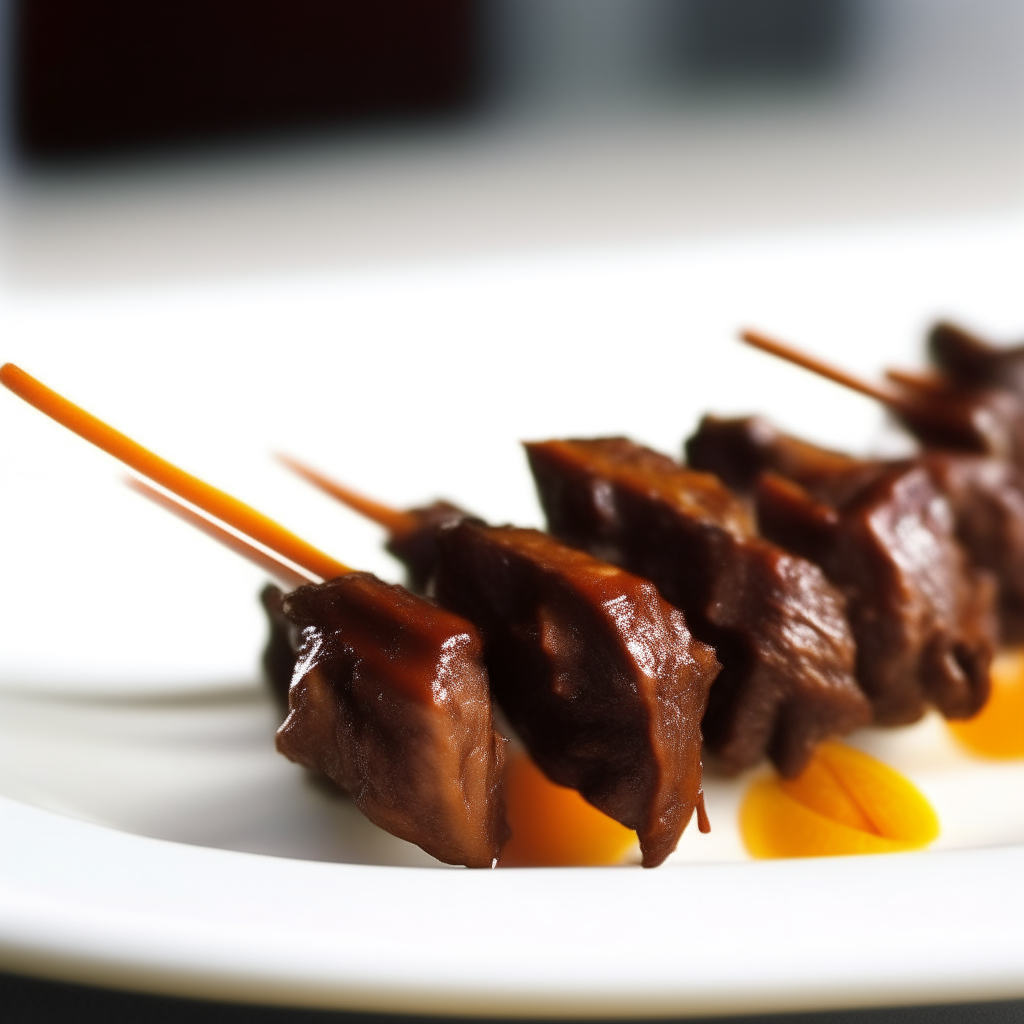 Tangy orange-zest beef skewers on a white plate, softbox lighting from the left, razor sharp focus