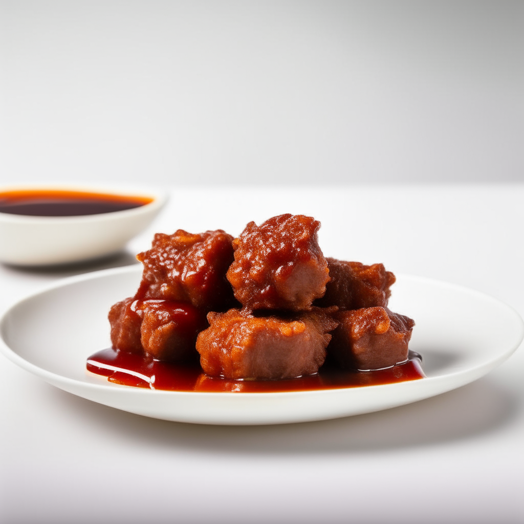 Honey-sriracha beef nuggets on a white plate, bright studio lighting, razor sharp focus