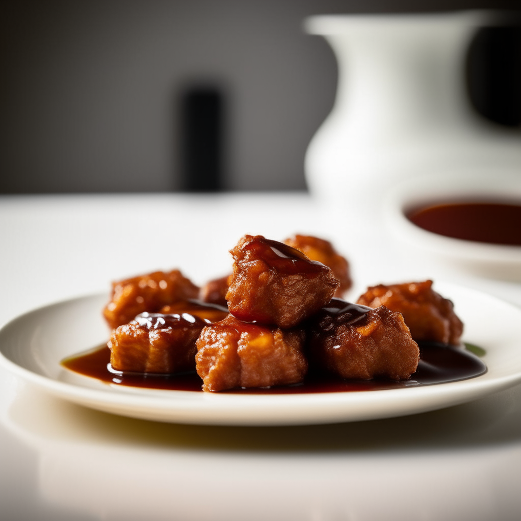 Honey-sriracha beef nuggets on a white plate, natural window lighting, razor sharp focus