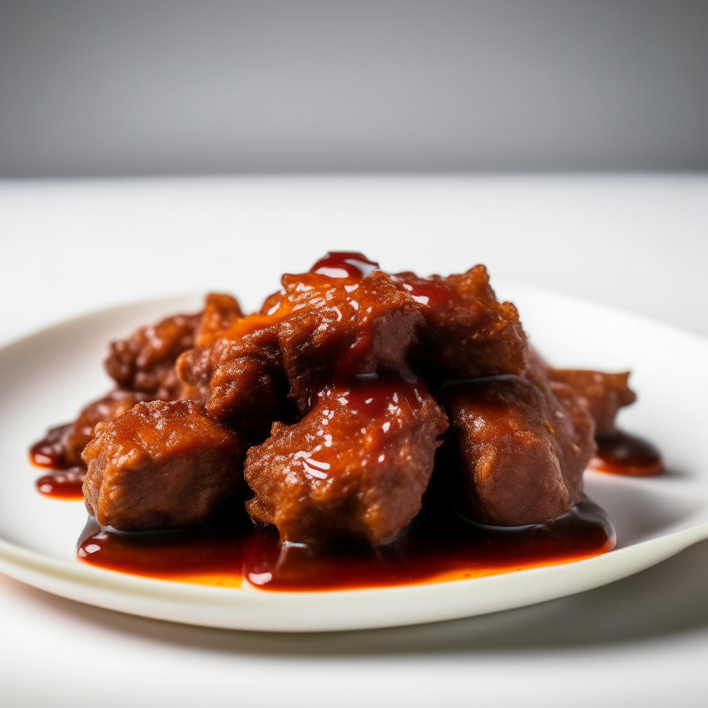 Honey-sriracha beef nuggets on a white plate, softbox lighting from the left, razor sharp focus