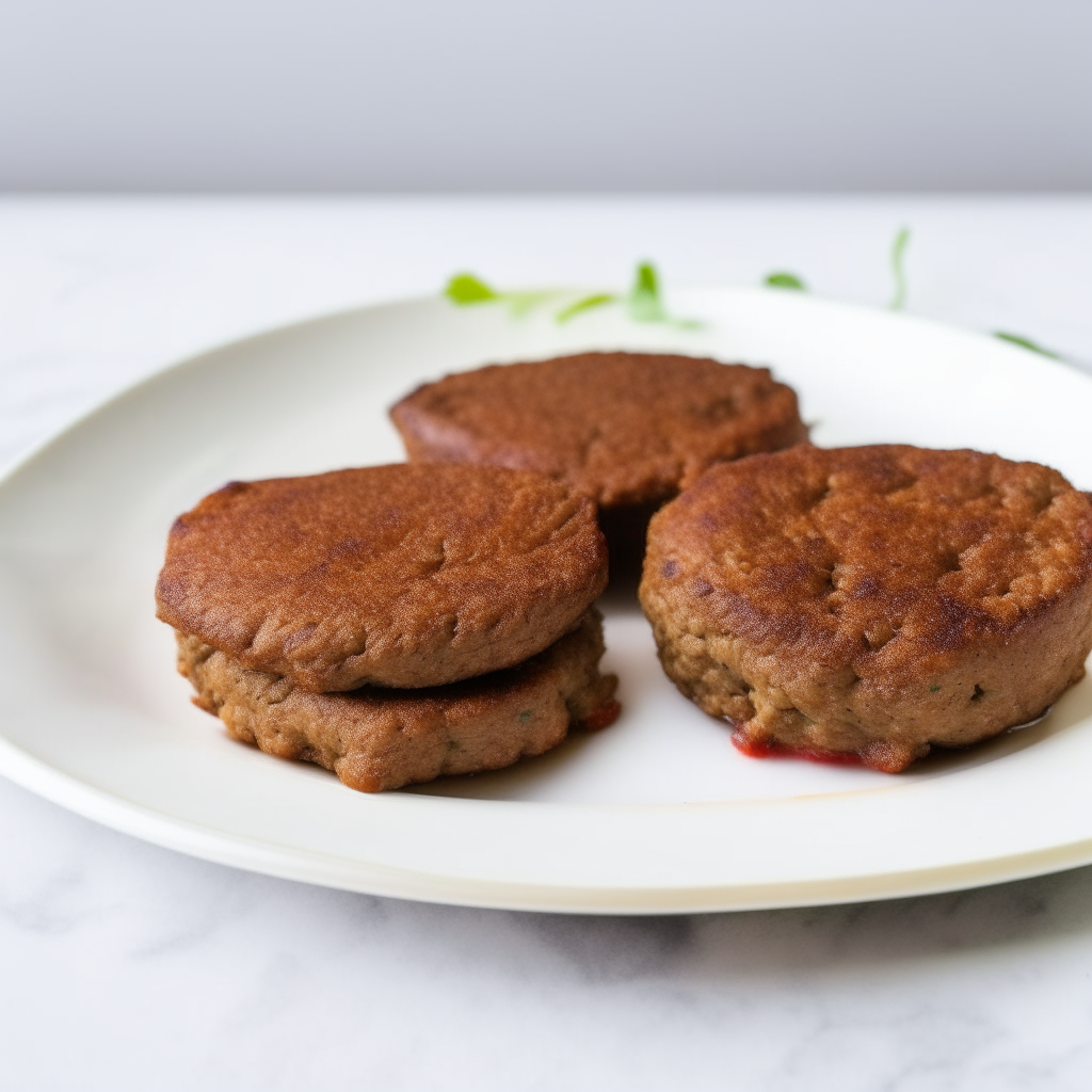 Cumin-spiced beef patties on a white plate, bright studio lighting, razor sharp focus