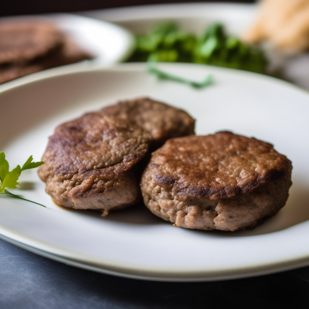 Cumin-spiced beef patties on a white plate, natural window lighting, razor sharp focus