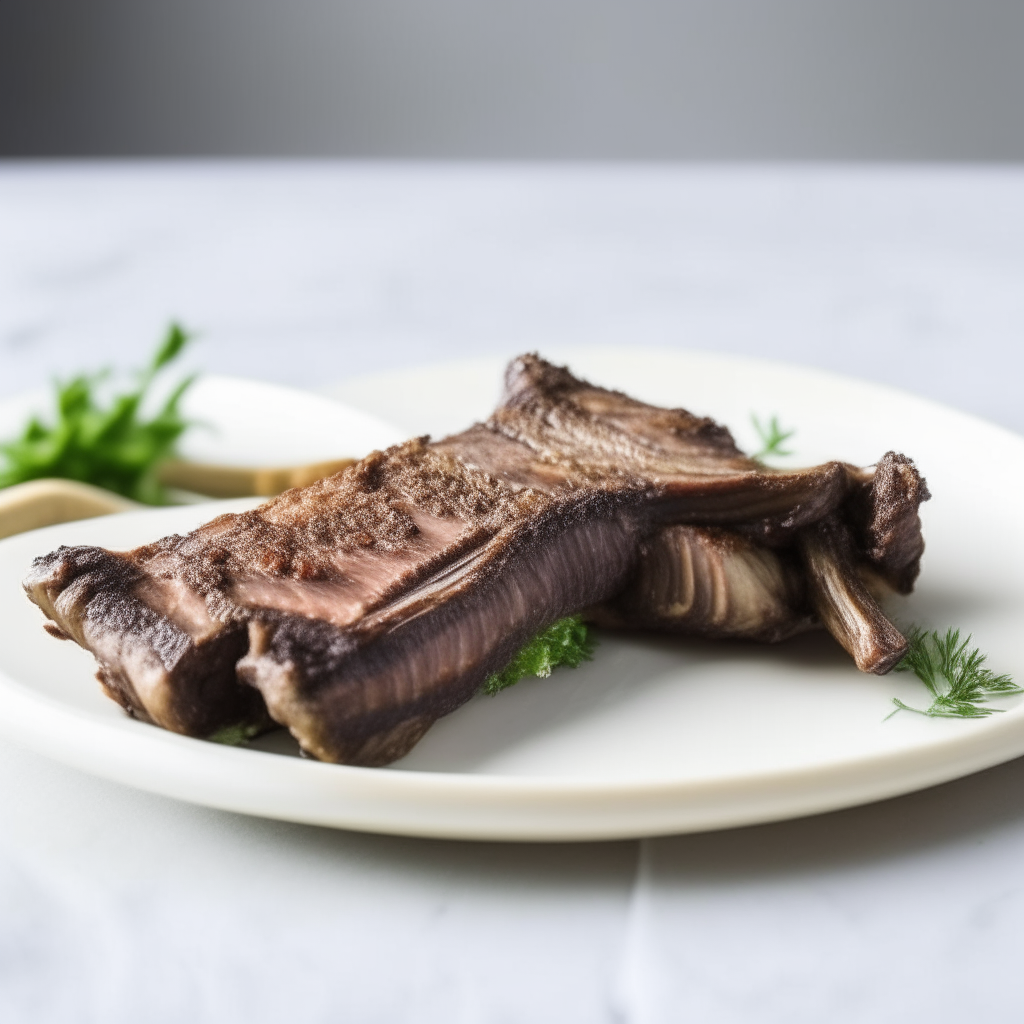 Garlic-herb infused beef ribs on a white plate, bright studio lighting, razor sharp focus