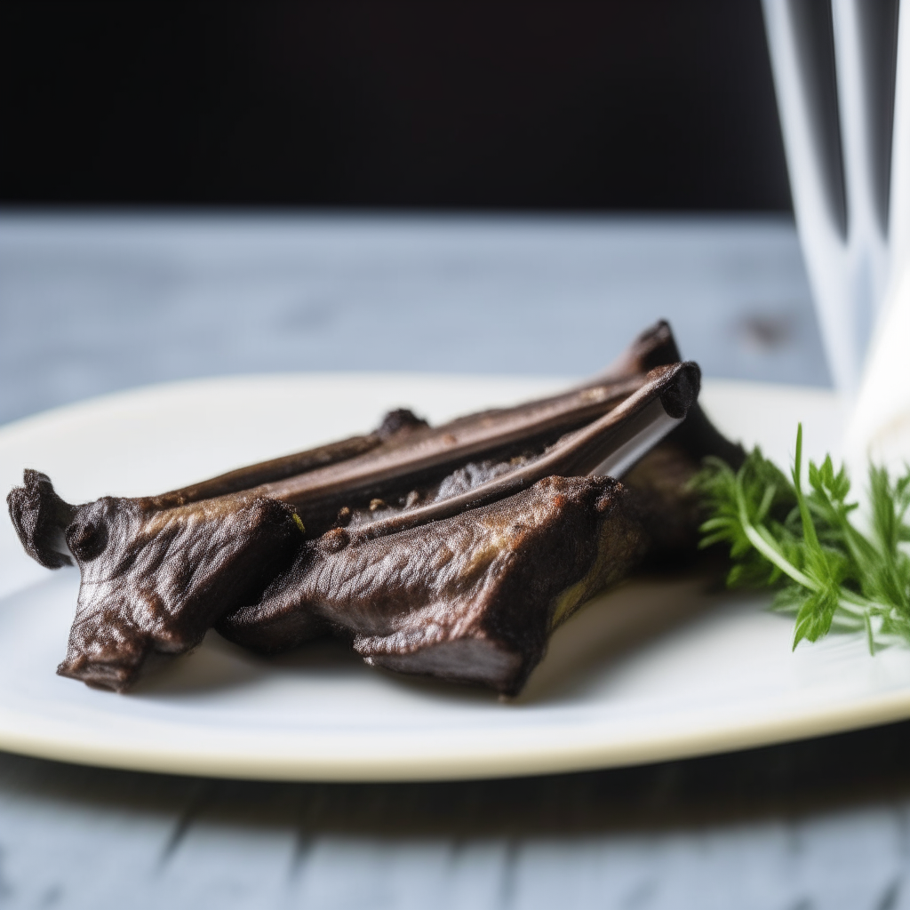 Garlic-herb infused beef ribs on a white plate, natural window lighting, razor sharp focus