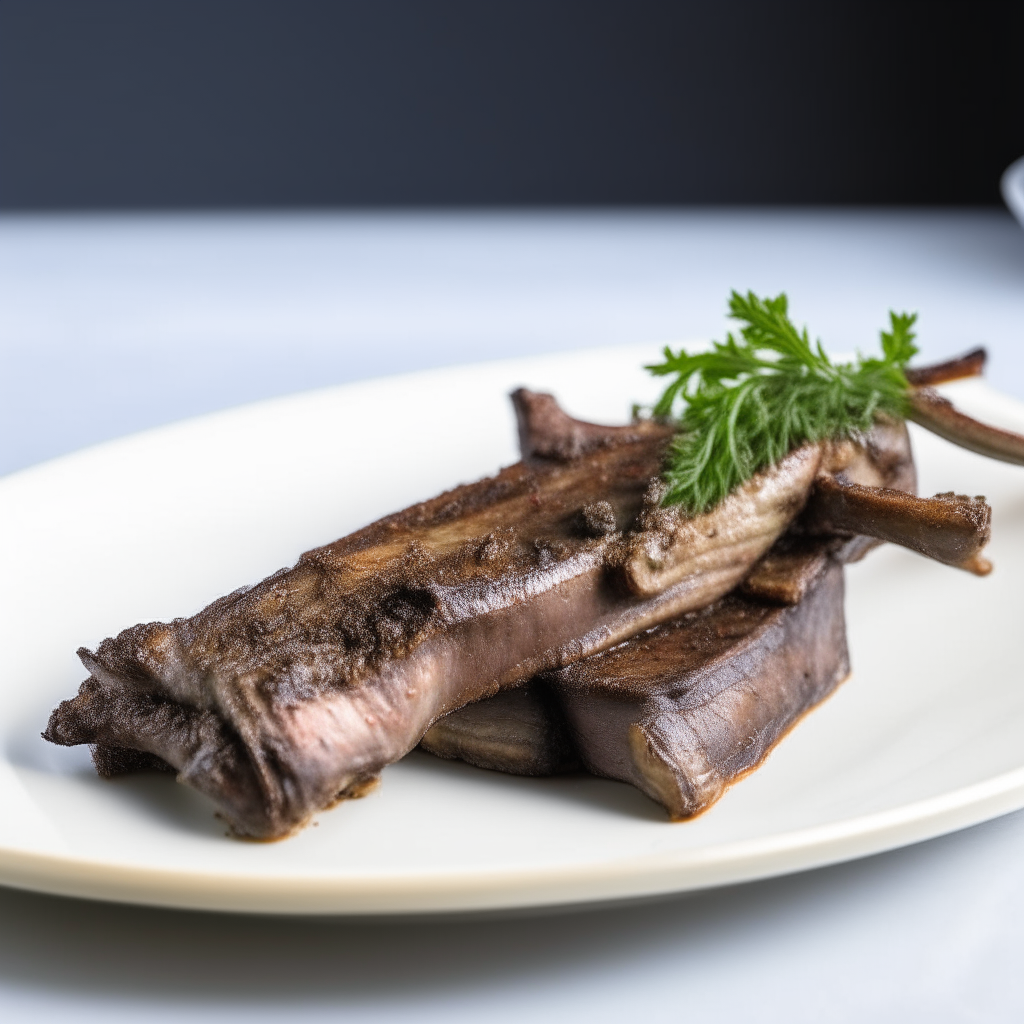 Garlic-herb infused beef ribs on a white plate, softbox lighting from the left, razor sharp focus