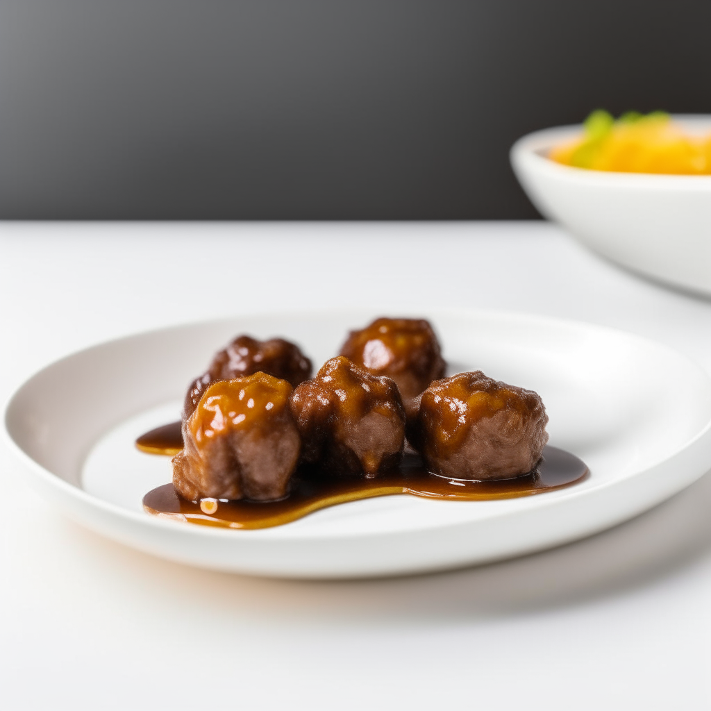 Maple-mustard beef bites on a white plate, bright studio lighting, razor sharp focus