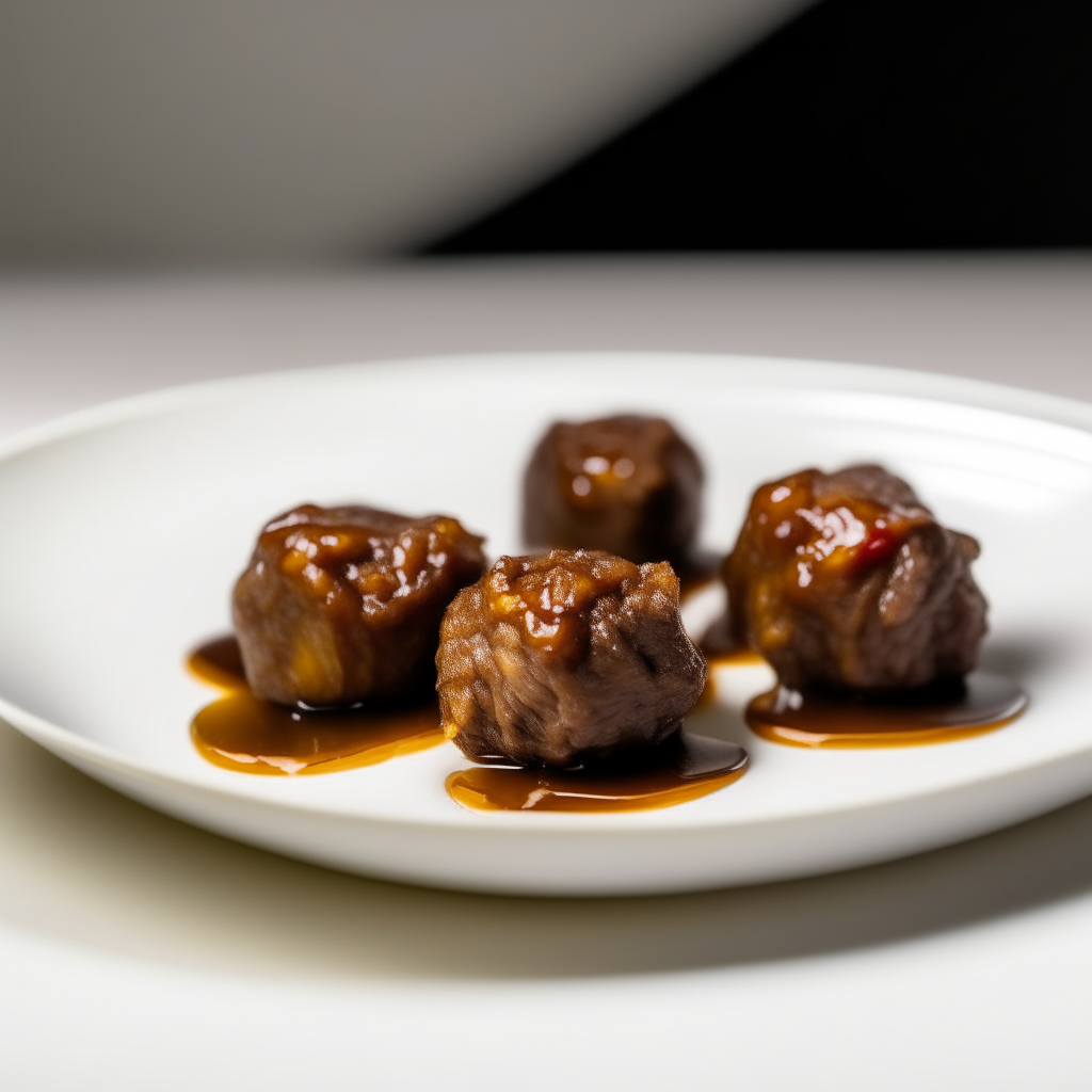 Maple-mustard beef bites on a white plate, softbox lighting from the left, razor sharp focus