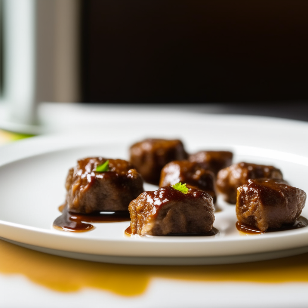 Maple-mustard beef bites on a white plate, natural window lighting, razor sharp focus