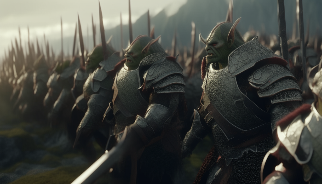 a huge army of orcs wearing armor, holding weapons, standing in formation on a battlefield, highly detailed cinematic 4k photorealistic digital painting