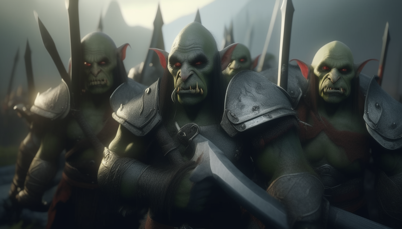 a group of orcs facing the camera, holding swords, cinematic 4k photorealistic digital painting