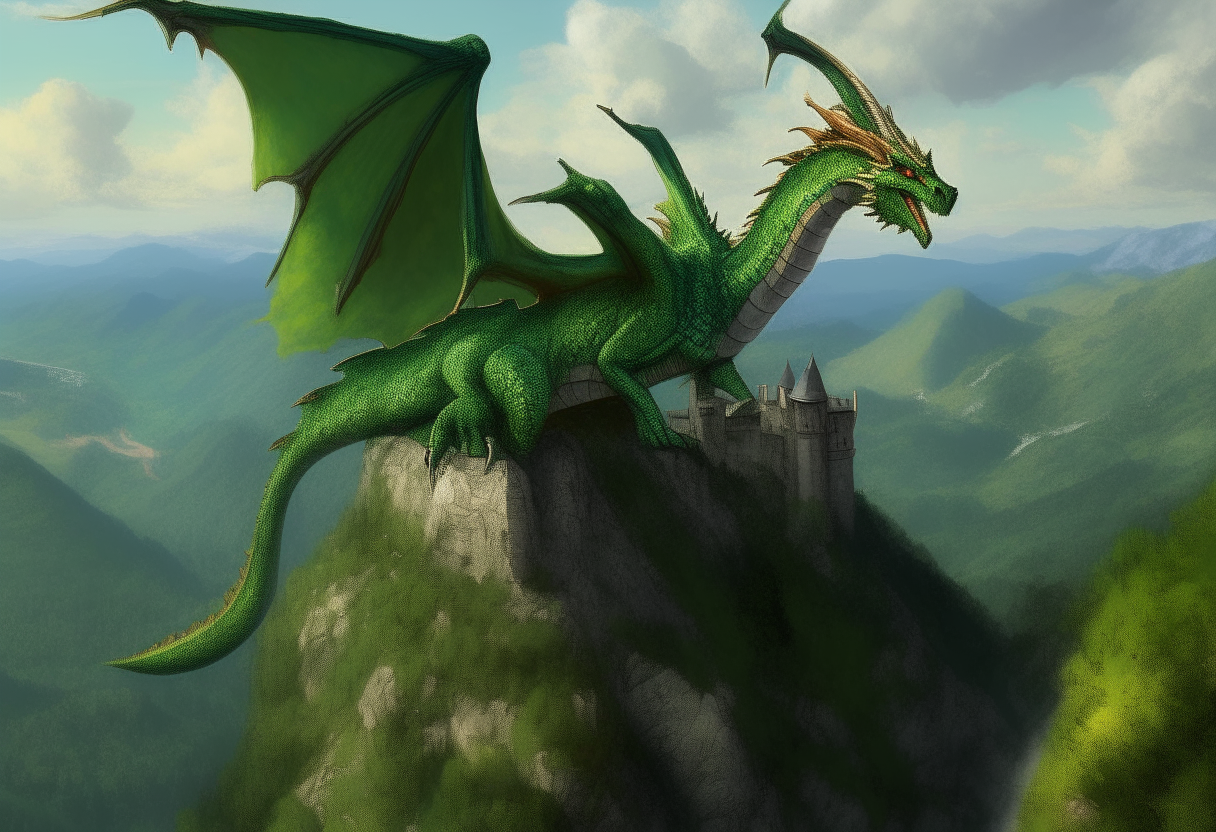 A highly detailed digital painting of a large green dragon with giant wings perched on top of a tall grassy hill overlooking a medieval fantasy kingdom called Eloria with castles, villages, and stone walls