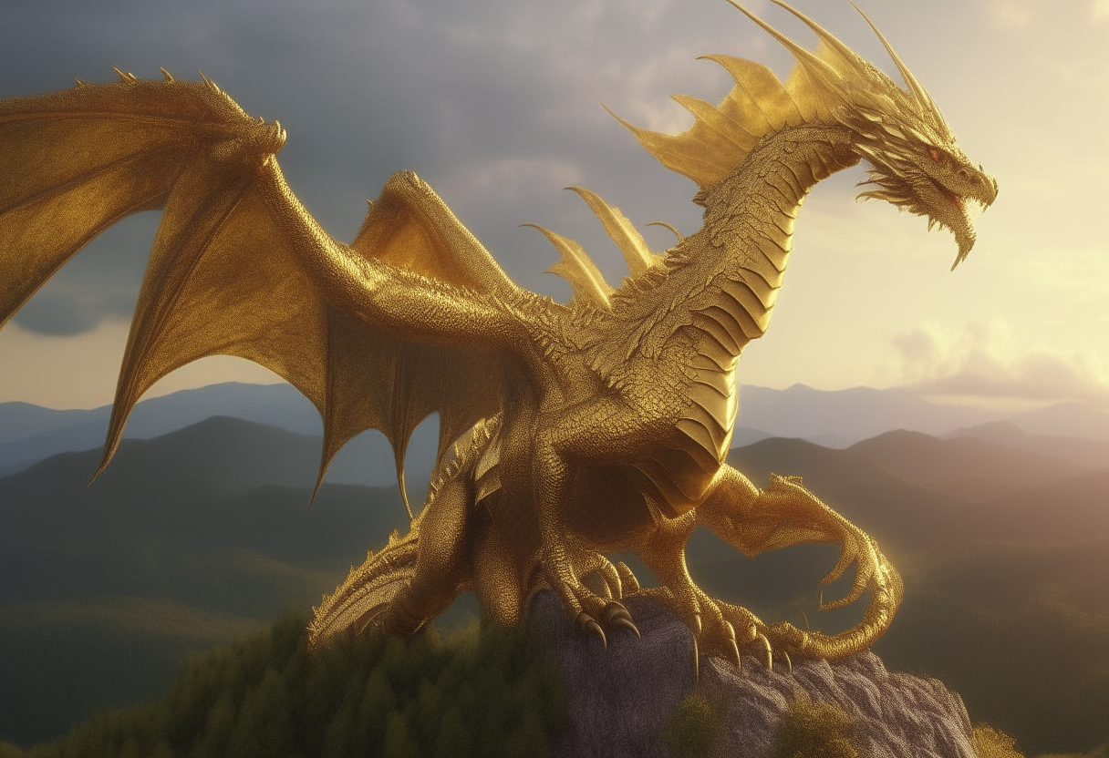 A large, powerful golden dragon with giant wings perched on top of a tall, grassy hill overlooking a medieval fantasy kingdom, extremely detailed and realistic, cinematic lighting, 4k resolution