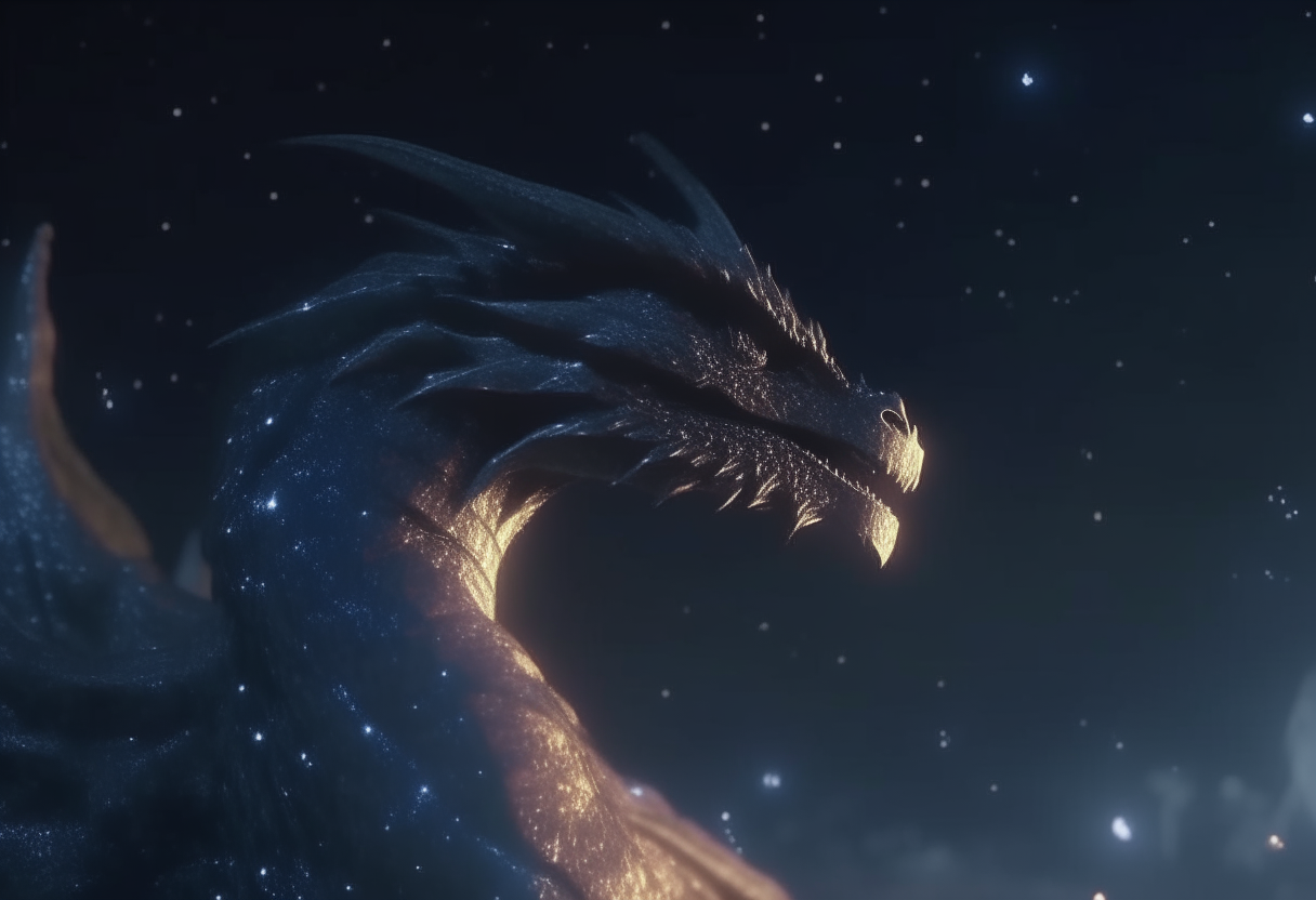 the dragon's skin glitter light starlight in a dark sky, cinematic, photo-realism, 4K resolution