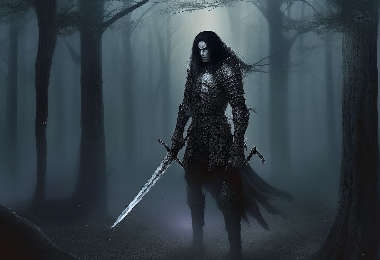 A dark fantasy warrior standing in a gloomy forest, wearing spiked black armor etched with runes, holding a greatsword in both hands. The warrior has long black hair and a grim expression, standing in a clearing surrounded by tall dark trees and fog. The scene is lit only by the pale moonlight shining through the branches.