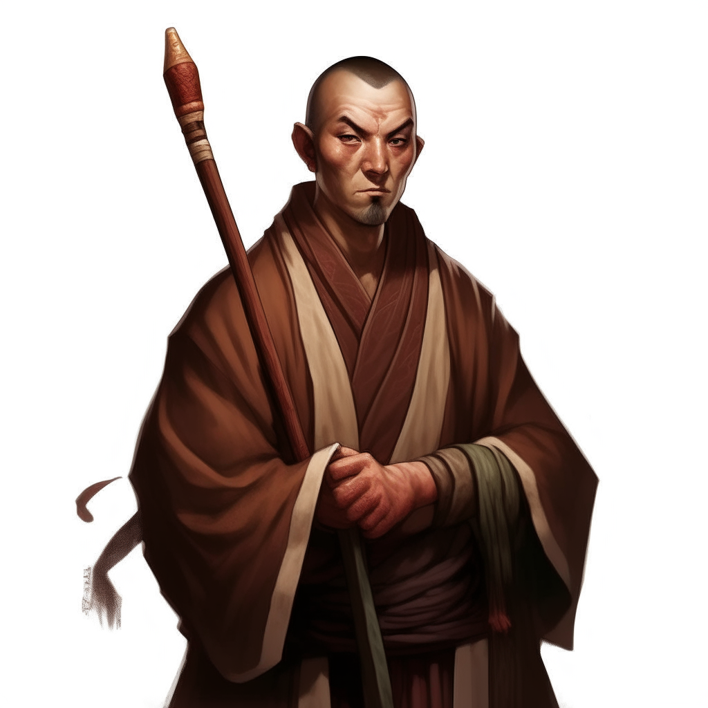 a Dungeons & Dragons monk wearing brown robes and holding a staff, with short black hair and a serious expression