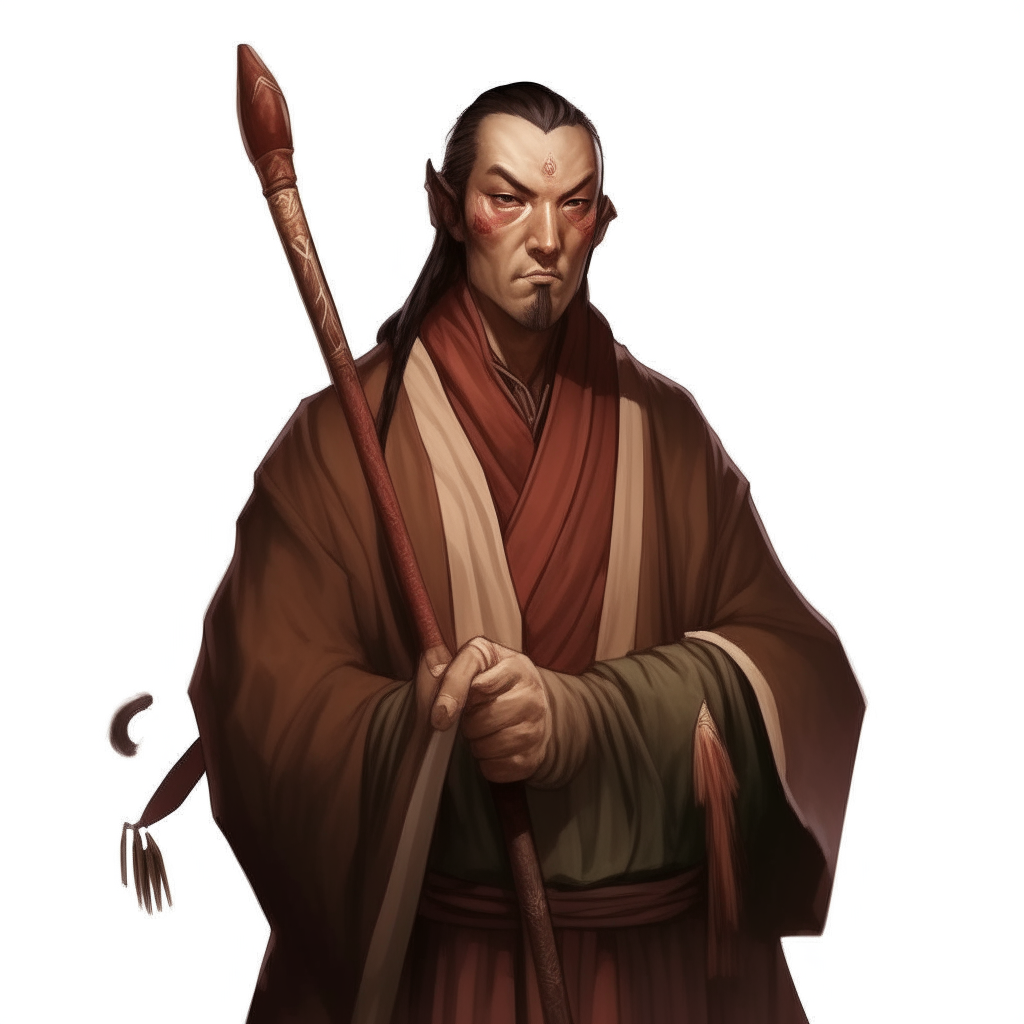 a Dungeons & Dragons monk wearing brown robes and holding a staff, with longer black hair and a serious expression