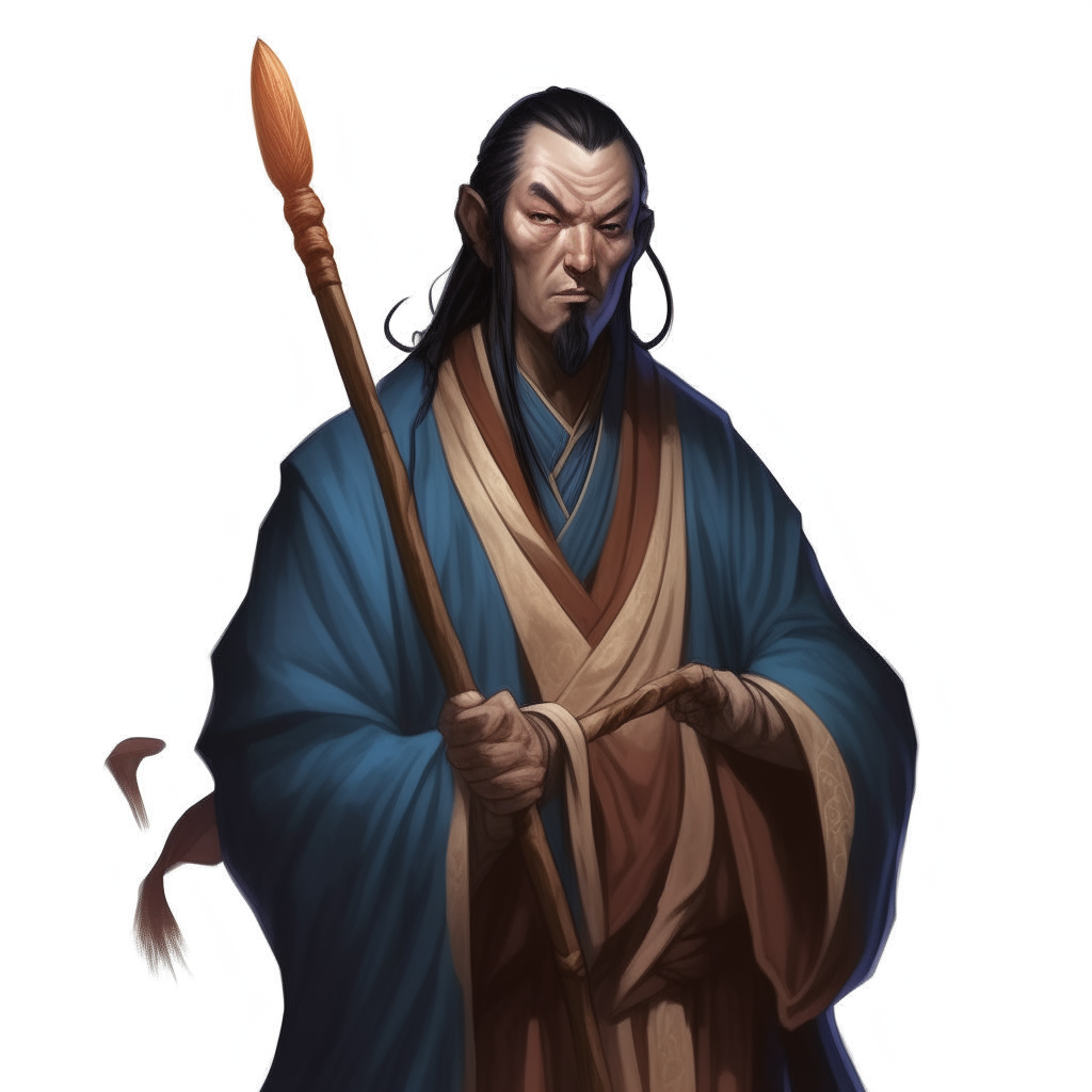 a Dungeons & Dragons monk wearing brown robes and holding a staff, with longer black hair and a serious expression. Spectral blue arms emerge from his shoulders.