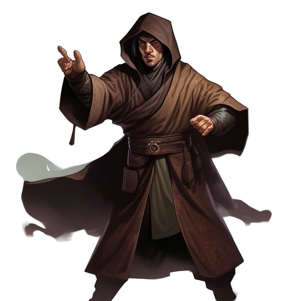 a D&D Astral Monk standing in a fighting stance, wearing a brown robe with the hood down, revealing short black hair and a determined expression