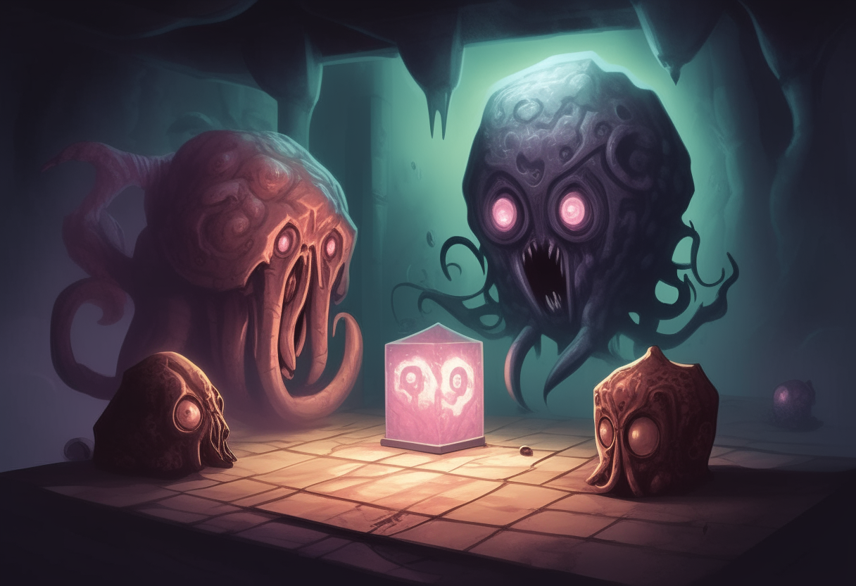 a beholder, gelatinous cube and mind flayer facing off against each other in a dungeon