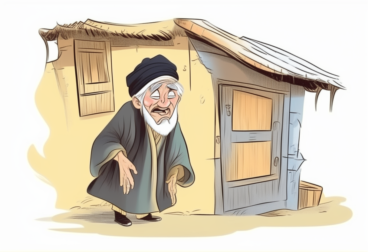 A  funny  old man with shawl hat ,oriental talking with a rubber that is stealing a house 