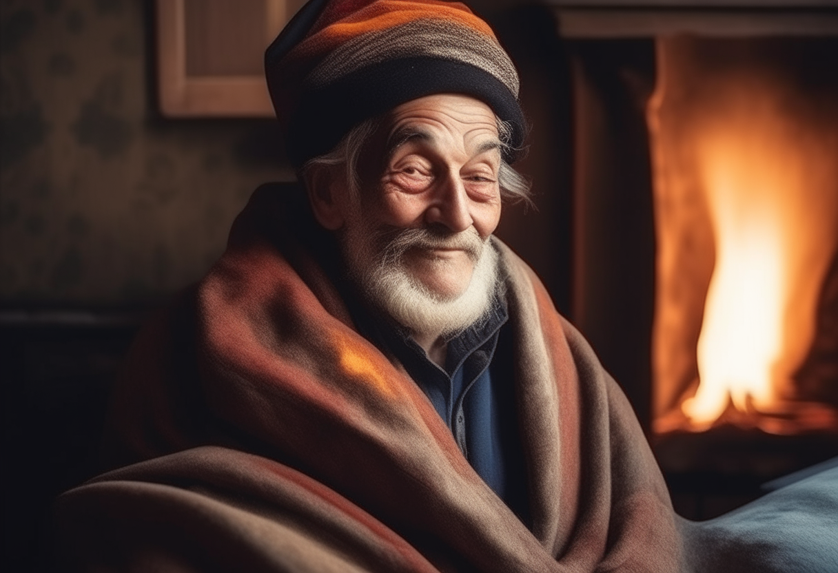 A  funny  old man with shawl hat ,oriental in the bed behind the fire place 