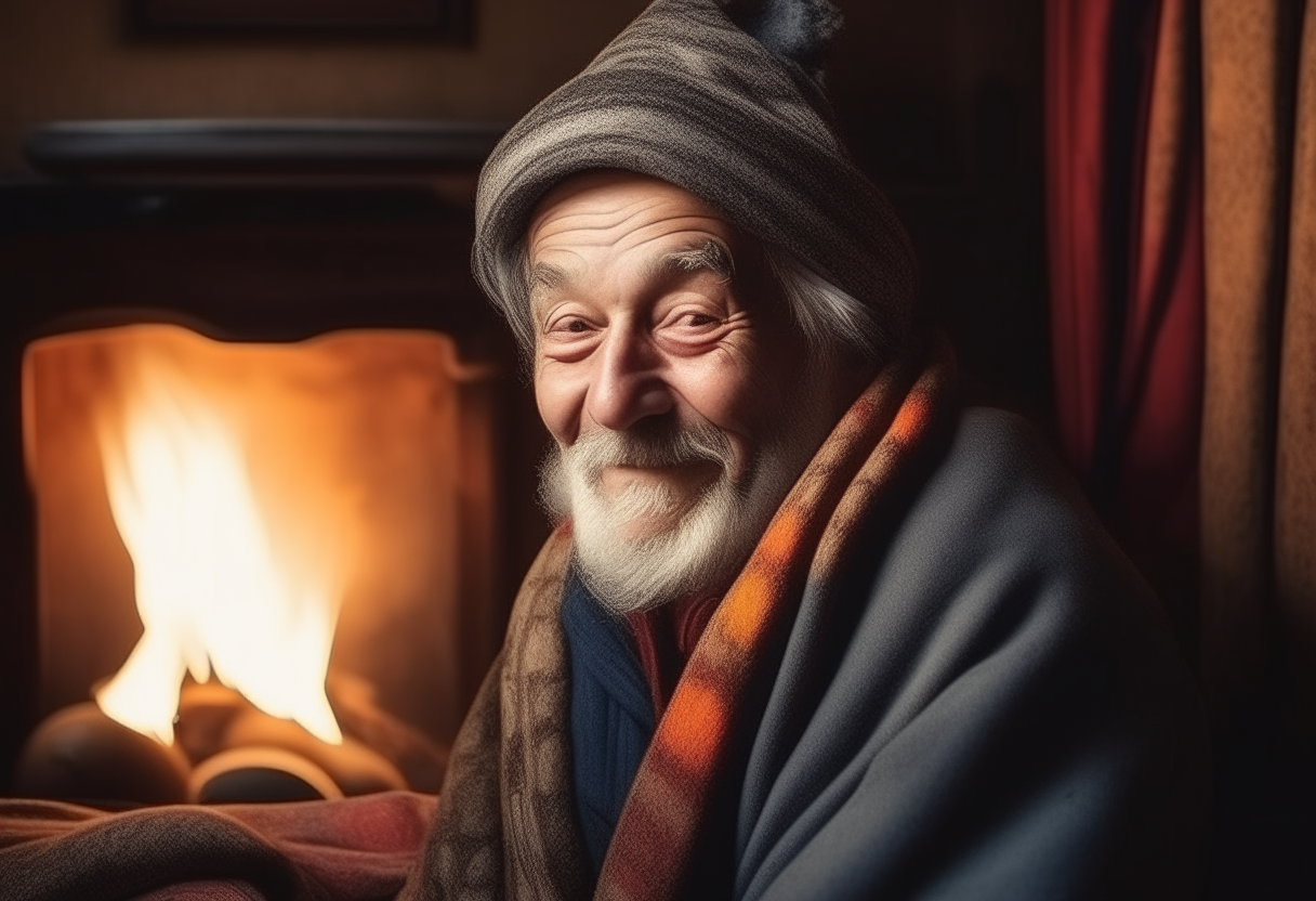 A  funny  old man with shawl hat ,oriental in the bed behind the fire place 