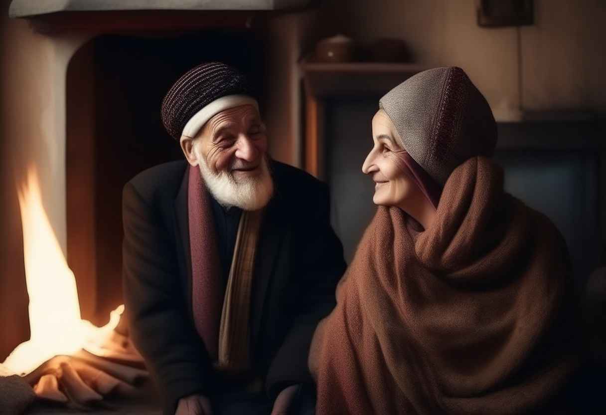 A  funny  old man with shawl hat ,oriental in  behind the fire place talking with his wife 