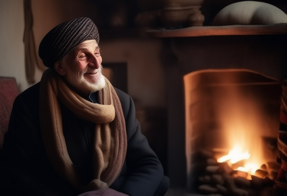 A funny old man with shawl hat ,oriental in behind the fire place talking with his wife
