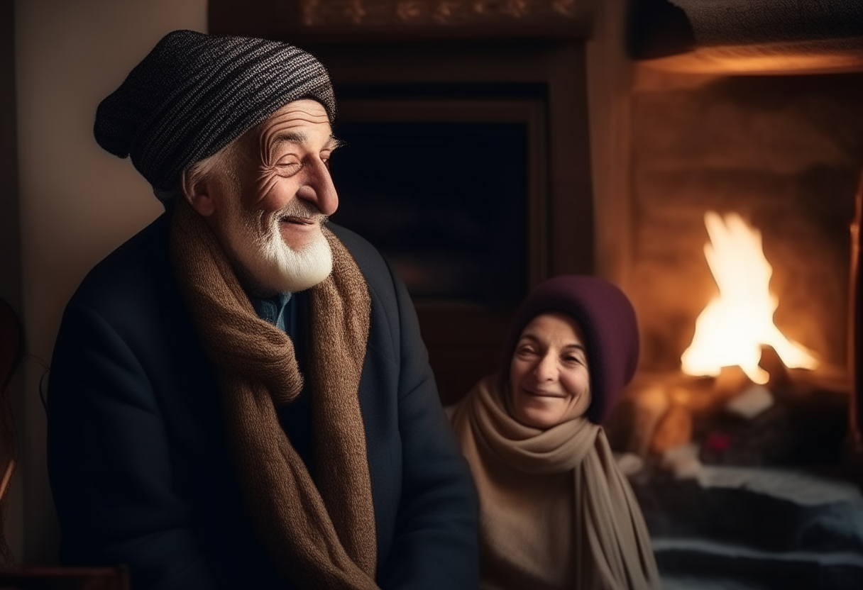 A funny old man with shawl hat ,oriental in behind the fire place talking with his wife that in next to him