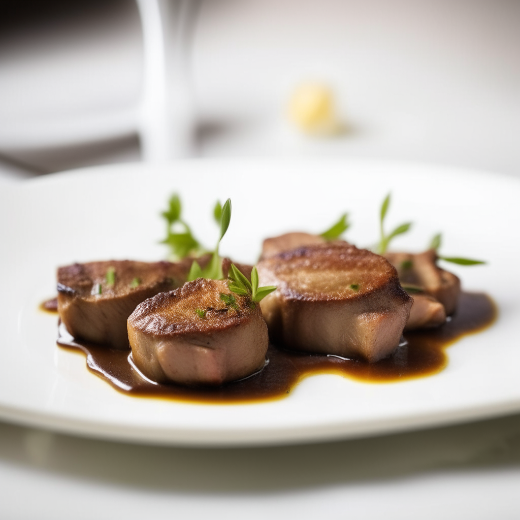 Cumin-spiced lamb medallions plated on a white dish, bright studio lighting, shallow depth of field, razor sharp focus